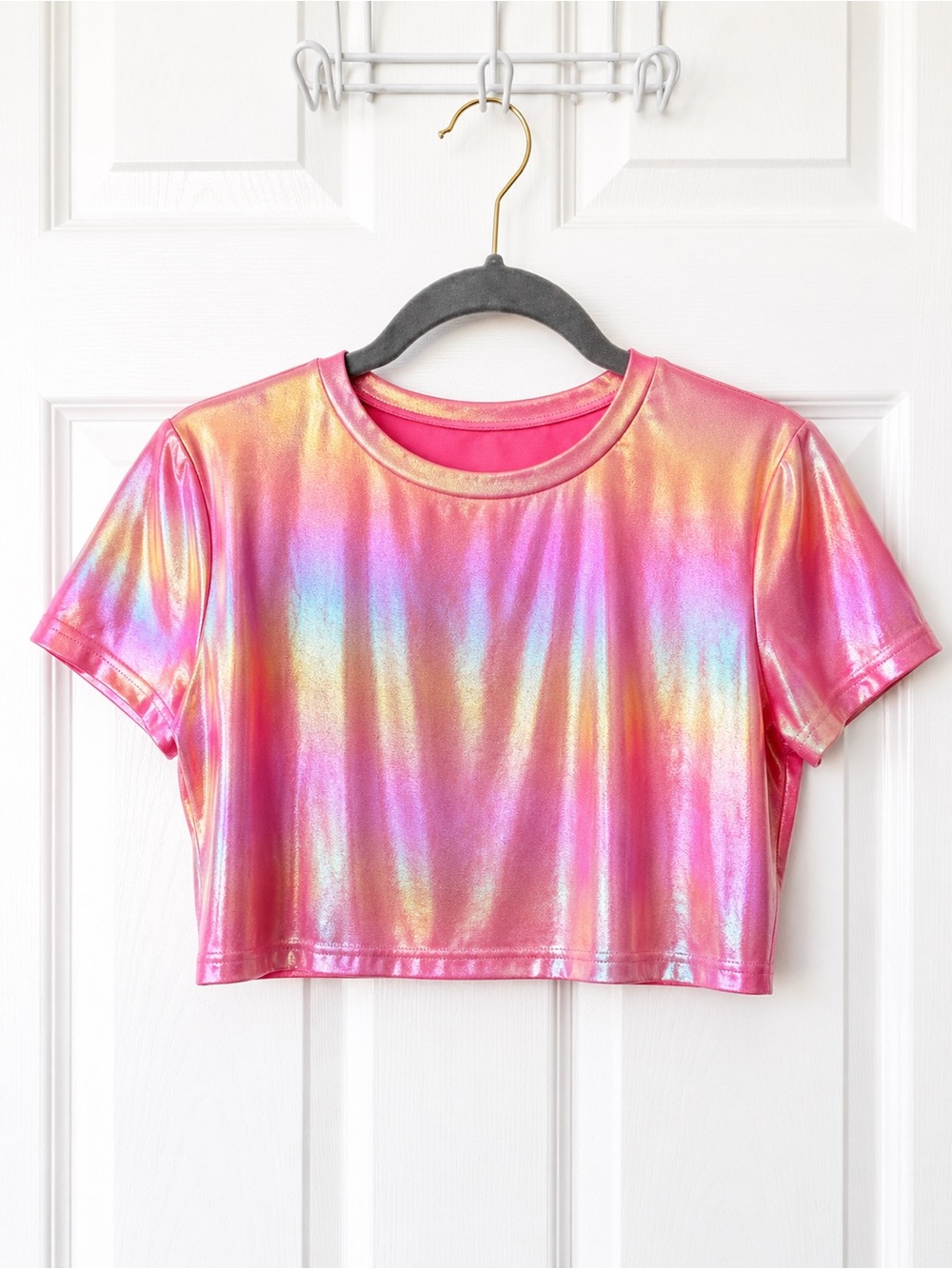 Girls' Pink Iridescent Short Sleeve Crop Top